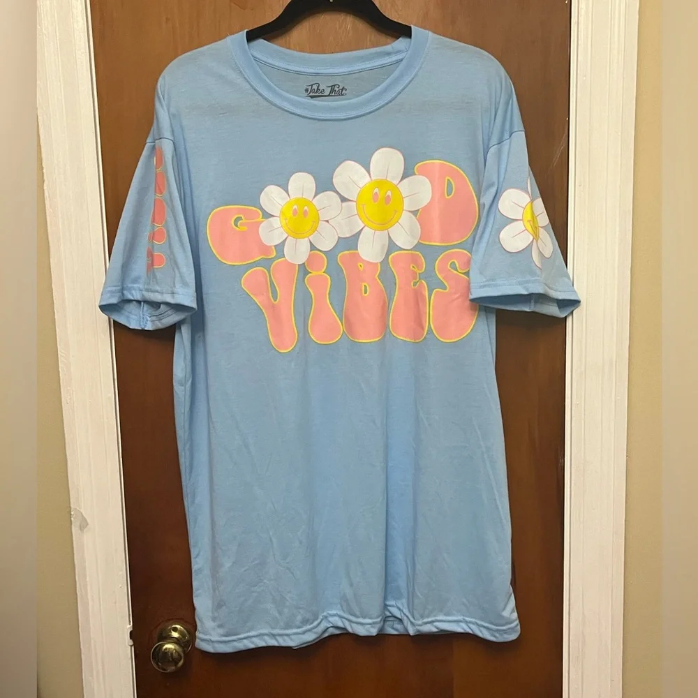 Women’s T-Shirt  Blue with 'Good Vibes' Print. 2X - Picture 6 of 6